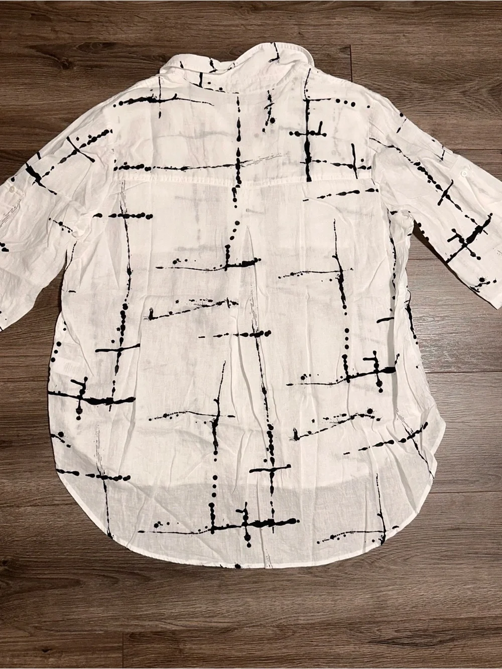 Linen Blend Button-Down Shirt with Black Abstract Print Short Sleeve Shirt
